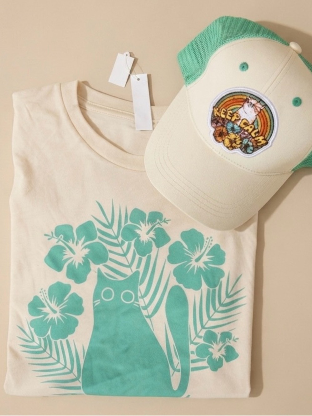 CatLadyBox Bundle - Tropical Kitty Graphic Tee + “Mellow Meow” Mesh Trucker Hat